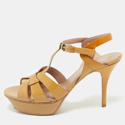 Pre-owned Saint Laurent Beige Patent Leather Tribute Platform Sandals Size 39.5