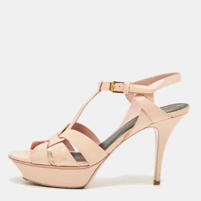 Pre-owned Saint Laurent Beige Patent Leather Tribute Platform Sandals Size 39.5