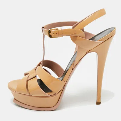 Pre-owned Saint Laurent Beige Patent Leather Tribute Platform Sandals Size 40