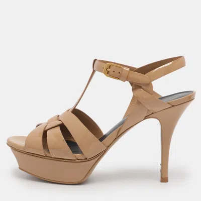 Pre-owned Saint Laurent Beige Patent Leather Tribute Sandals Size 36.5