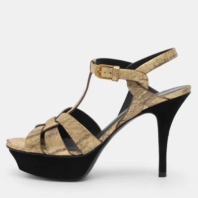 Pre-owned Saint Laurent Beige Patent Leather Tribute Sandals Size 36.5 In Gold