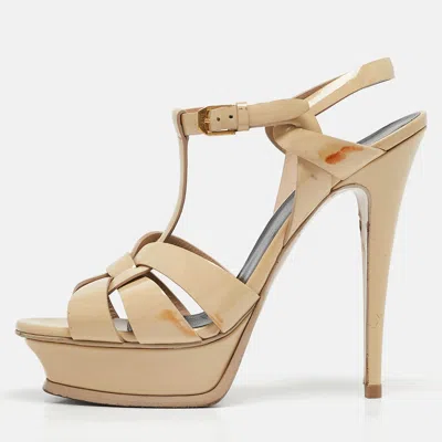 Pre-owned Saint Laurent Beige Patent Leather Tribute Sandals Size 39