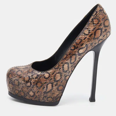Pre-owned Saint Laurent Beige Python Tribtoo Platform Pumps Size 38