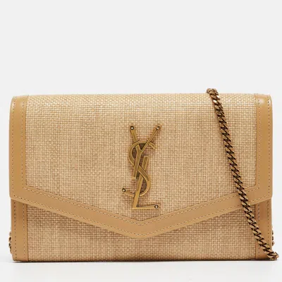 Pre-owned Saint Laurent Beige Raffia And Leather Uptown Wallet On Chain
