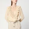 Saint Laurent Beige Blouse With V Neck And Ruffles On Front And Rear In Silk Woman In Brown