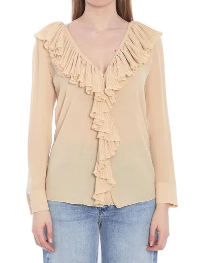 Saint Laurent Beige Ruffled Blouse In Silk