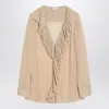 Saint Laurent Silk Blouse Deep V-neck Ruffled Front In Neutral