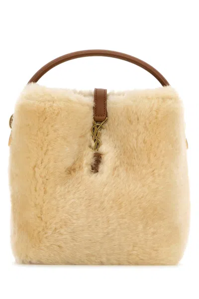 Saint Laurent Beige Shearling Mini Le 37 Bucket Bag In Creambeigebrick