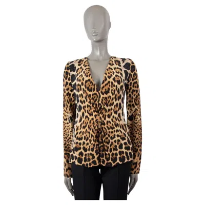 Pre-owned Saint Laurent Beige Silk 2017 Gathered Leopard Blouse Shirt 40 M In Brown