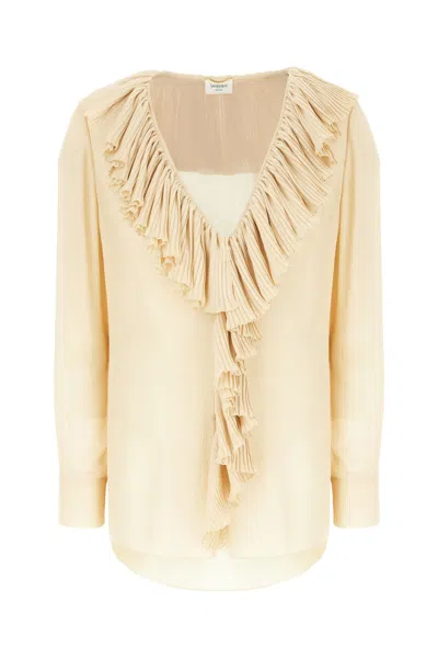 Saint Laurent Beige Ruffled Blouse In Silk In Gold