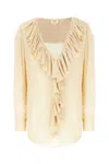 Saint Laurent Beige Blouse With V Neck And Ruffles On Front And Rear In Silk Woman In Brown