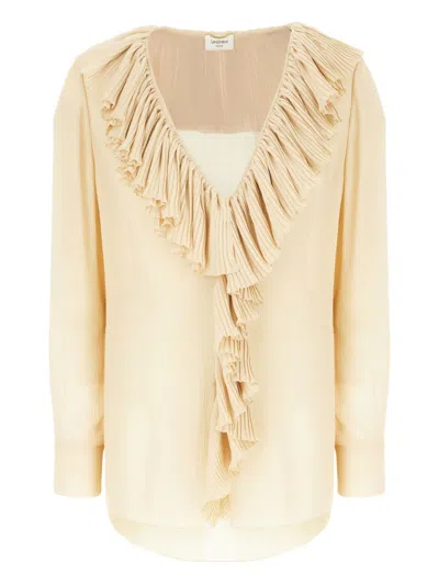 Saint Laurent Beige Silk Ruffle V Neck Shirt In Neutral