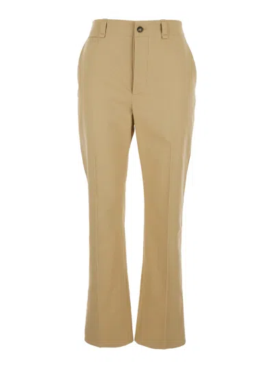 Saint Laurent Beige Straight Pants With A Button In Cotton Woman