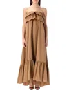 Saint Laurent Beige Long Dress With Bustier Neckline And Ruffled Skirt In Cotton Woman