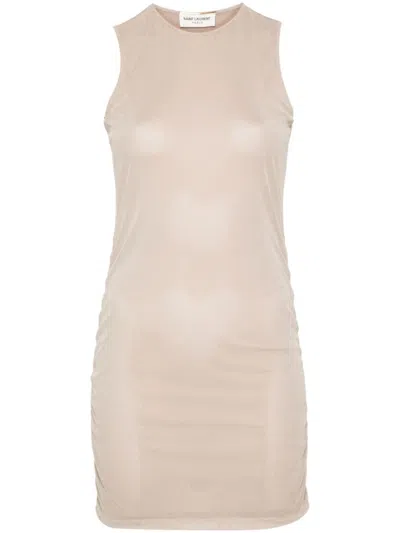 SAINT LAURENT BEIGE STRETCH TULLE SHORT DRESS