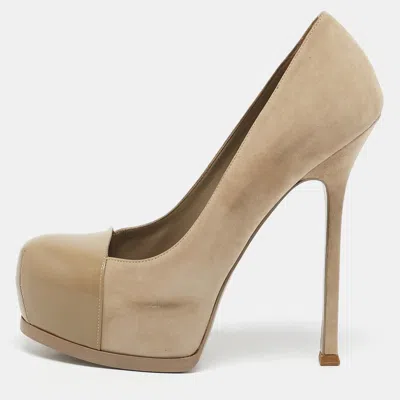 Pre-owned Saint Laurent Beige Suede And Leather Tribtoo Pumps Size 39