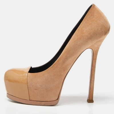 Pre-owned Saint Laurent Beige Suede And Patent Leather Cap Toe Tribtoo Platform Pumps Size 39