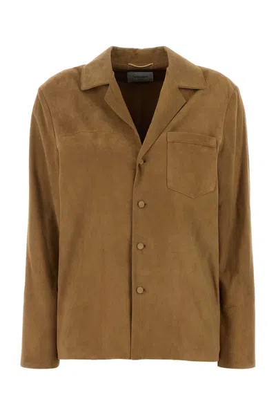 Saint Laurent Beige Suede Jacket In Brown