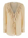 Saint Laurent Beige Ruffled Blouse In Silk In Yellow