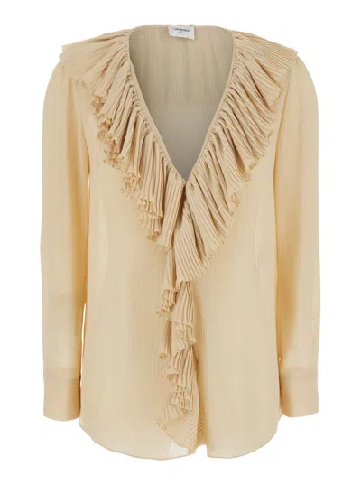 SAINT LAURENT BEIGE V NECK RUFFLES TOP