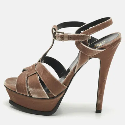 Pre-owned Saint Laurent Beige Velvet Ankle Strap Sandals Size 37