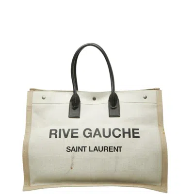 Pre-owned Saint Laurent Beige White Canvas Hemp Linen Leather Handbag Tote Bag () In Beige, White