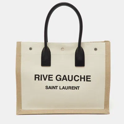 Pre-owned Saint Laurent Beige/black Canvas And Leather Small Rive Gauche Tote In Sand