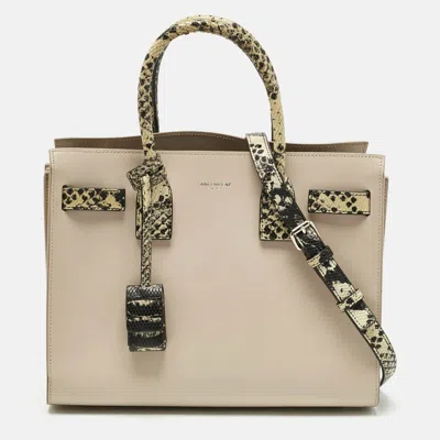 Pre-owned Saint Laurent Beige/black Leather And Snakeskin Embossed Baby Classic Sac De Jour Tote In Sand