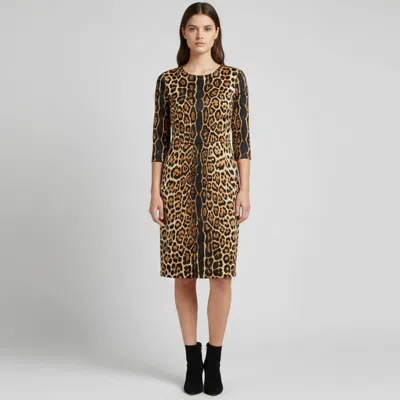 Pre-owned Saint Laurent Beige/black Leopard Print Silk Midi Dress M In Sand