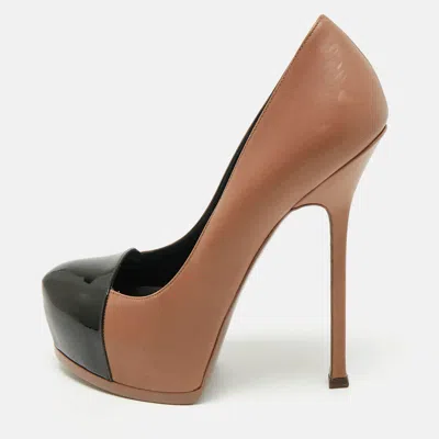 Pre-owned Saint Laurent Beige/black Patent And Leather Tribtoo Platform Pumps Size 39.5