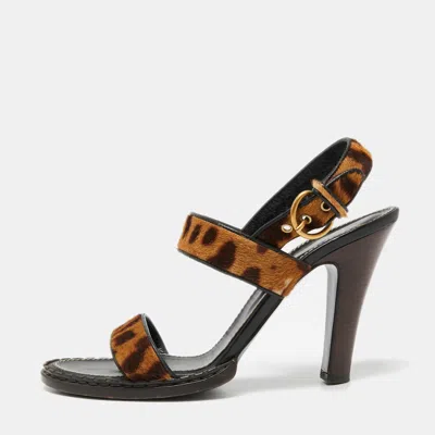 Pre-owned Saint Laurent Beige/brown Leopard Print Calf Hair Slingback Sandals Size 41