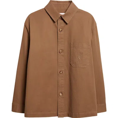 Saint Laurent Belle Chasse Organic Cotton & Linen Overshirt In Brown