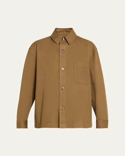 Saint Laurent Cassandre Cotton And Linen Overshirt In Brown