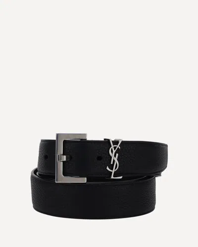 Saint Laurent Logo Plaque Embossed Belt In Black