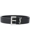 Saint Laurent Squared Buckle Smooth Leather Cassandre Thin Belt Accessories In Black