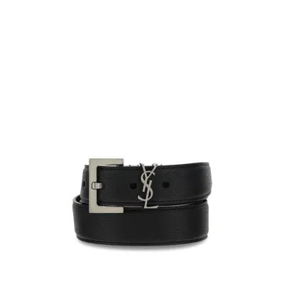 Saint Laurent Logo Plaque Embossed Belt In Black