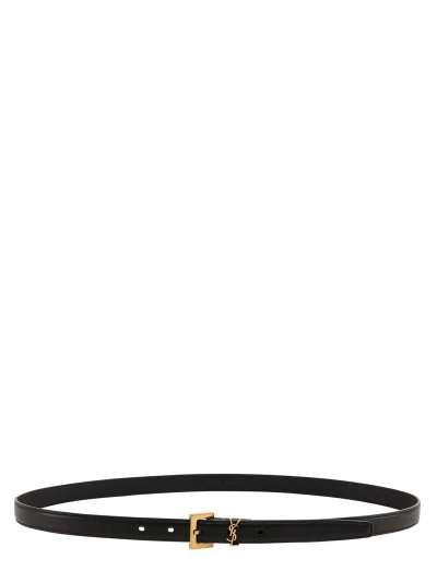Saint Laurent Cassandre Extra Thin Crocodile-effect Leather Belt In Black