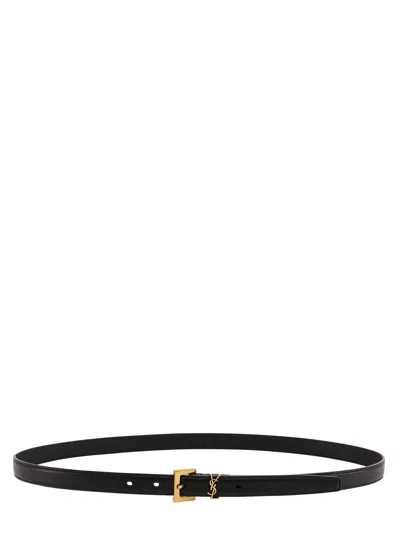 Saint Laurent Cassandre Extra Thin Crocodile-effect Leather Belt In Black