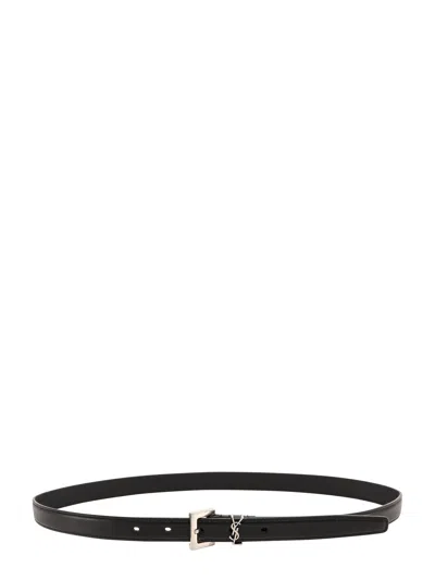 Saint Laurent Cassandre Grained Leather Belt In Black
