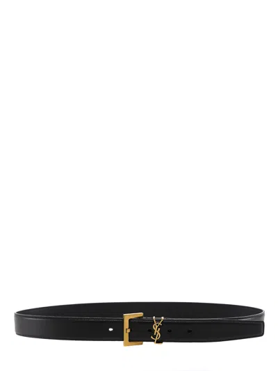 Saint Laurent Monogram Signature Leather Thin Waist Belt In Blue