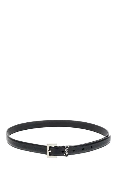 Saint Laurent Squared Buckle Smooth Leather Cassandre Thin Belt Accessories In Black