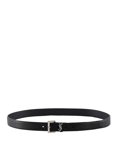 Saint Laurent Cassandre Buckle Grained Leather Belt In Black