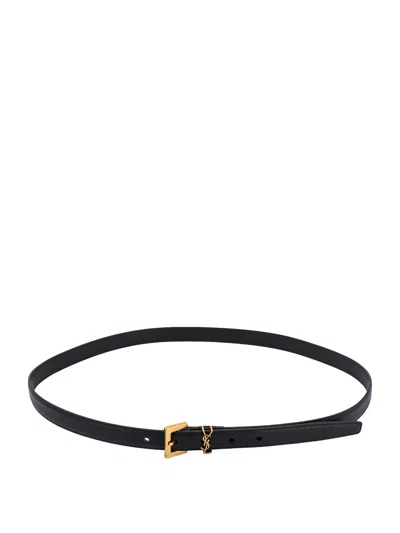 Saint Laurent Cassandre Thin Belt With Square Buckle In Grained Leather In Black