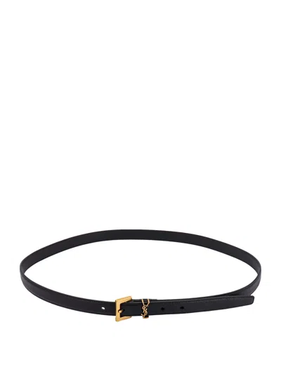 Saint Laurent Cassandre Thin Belt With Square Buckle In Grained Leather In Black