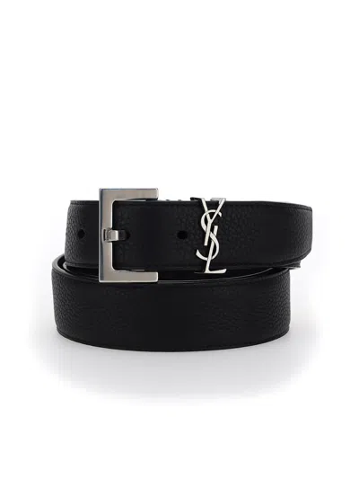 Saint Laurent Cassandre Belt In Crocodile-embossed Leather In Black