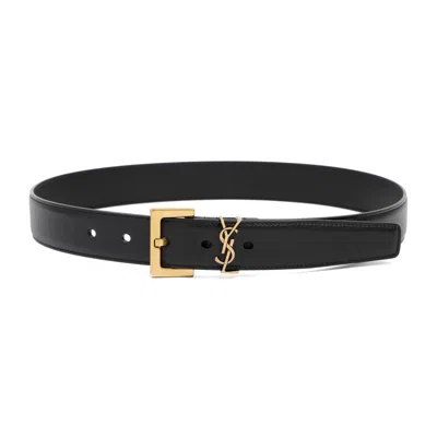 Saint Laurent Cassandre Loop Leather Belt In Black
