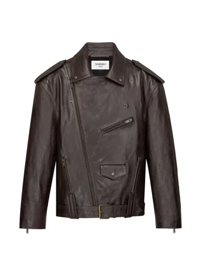 Saint Laurent Belted Biker Jacket In Brown
