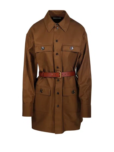 Saint Laurent Belted Buttoned Coat In Brown