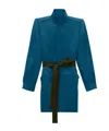 Saint Laurent Belted Coat In Silk Satin In Blue