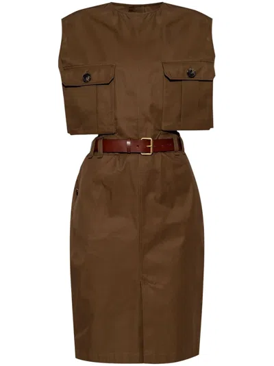 Saint Laurent Sleeveless Belted Dress In Beige